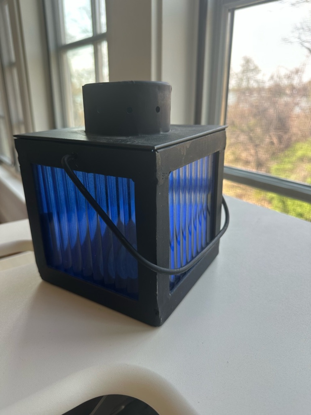 Blue Ribbed Glass Candle Lantern